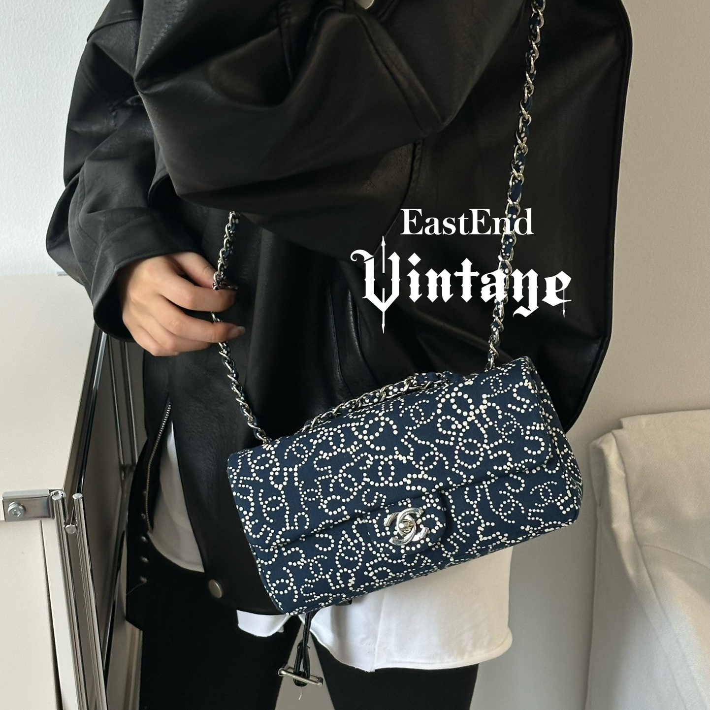 95新 Chanel/香奈儿 東区-蓝色波点帆布cf单肩包/02705