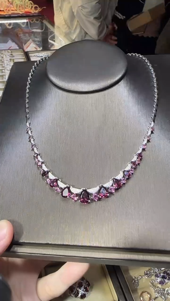 颈饰银S925镶嵌石榴石套链高级款9mm