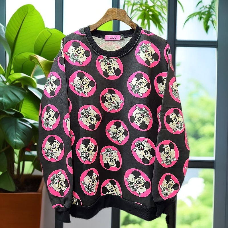 2025春季新款米奇图案韩国工艺印染男女同款百搭加绒卫衣韩版上衣