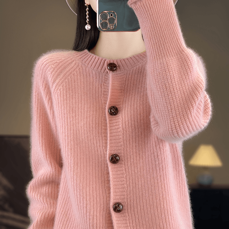 2024秋冬新款100%纯羊毛圆领开衫女加厚外套宽松毛衣 SY-6026