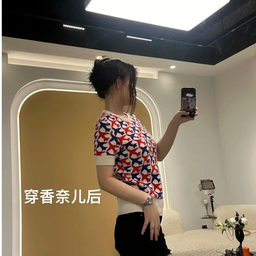 99新 Chanel/香奈儿 白色满印飞机图案短袖针织衫 36 9576108