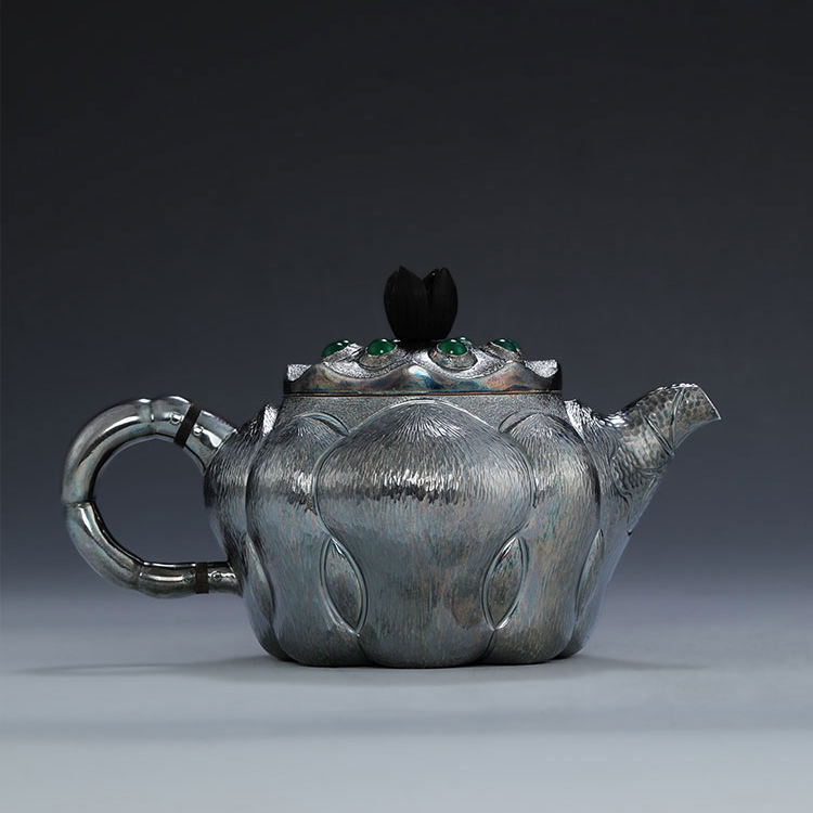 细工坊黑檀摘·莲生熏银急须纯银手工银壶泡茶壶茶具