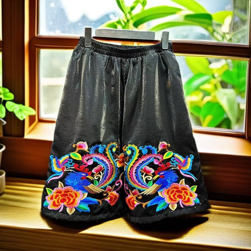 等闲集国风新中式刺绣凤凰五分裤黑色