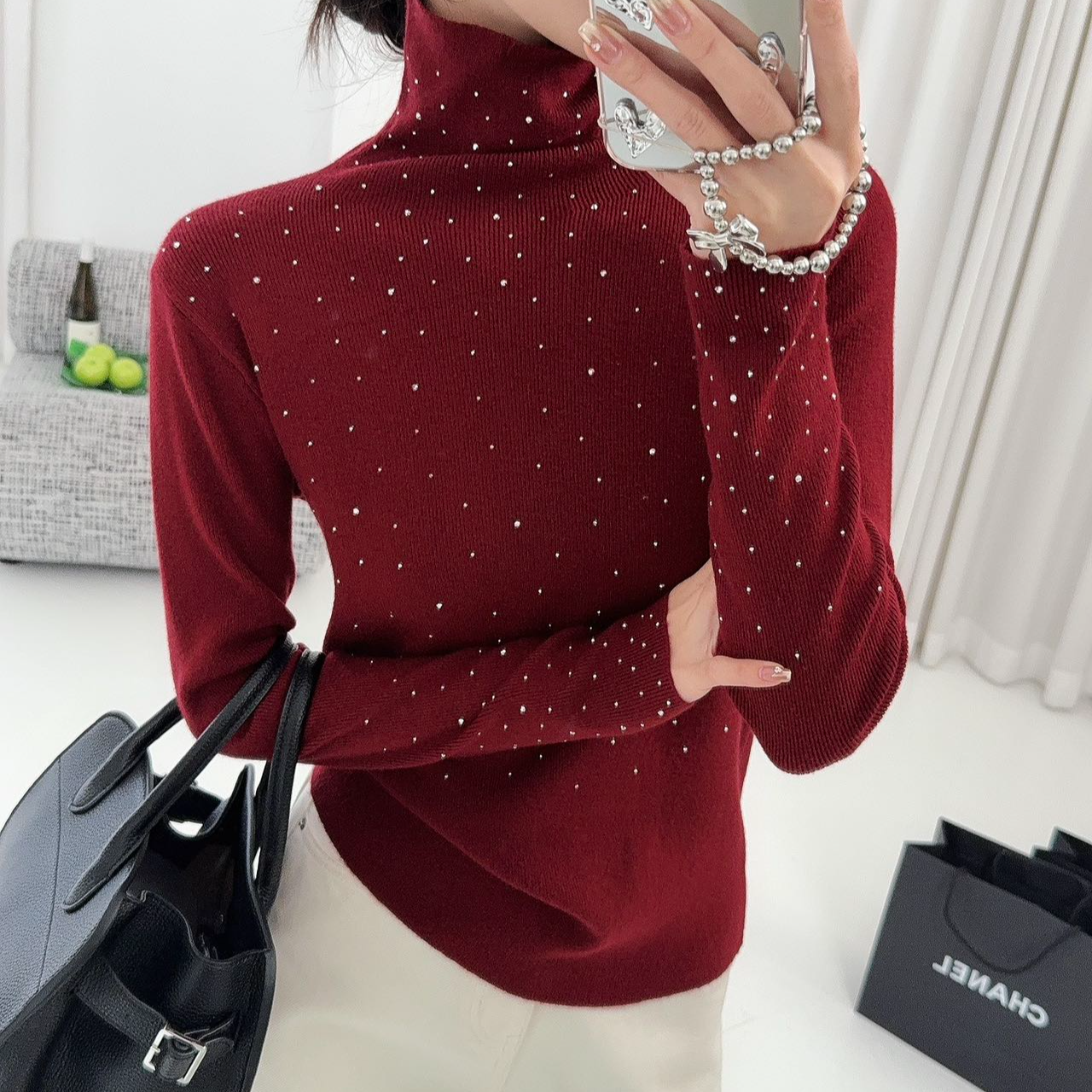 高级感满天星烫钻堆堆领针织衫毛衣女2025秋冬新款内搭打底衫上衣