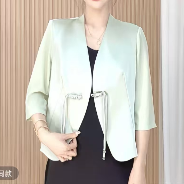 【缎面拼接外套】新中式复古盘扣国风七分袖西服百搭气质优雅外套