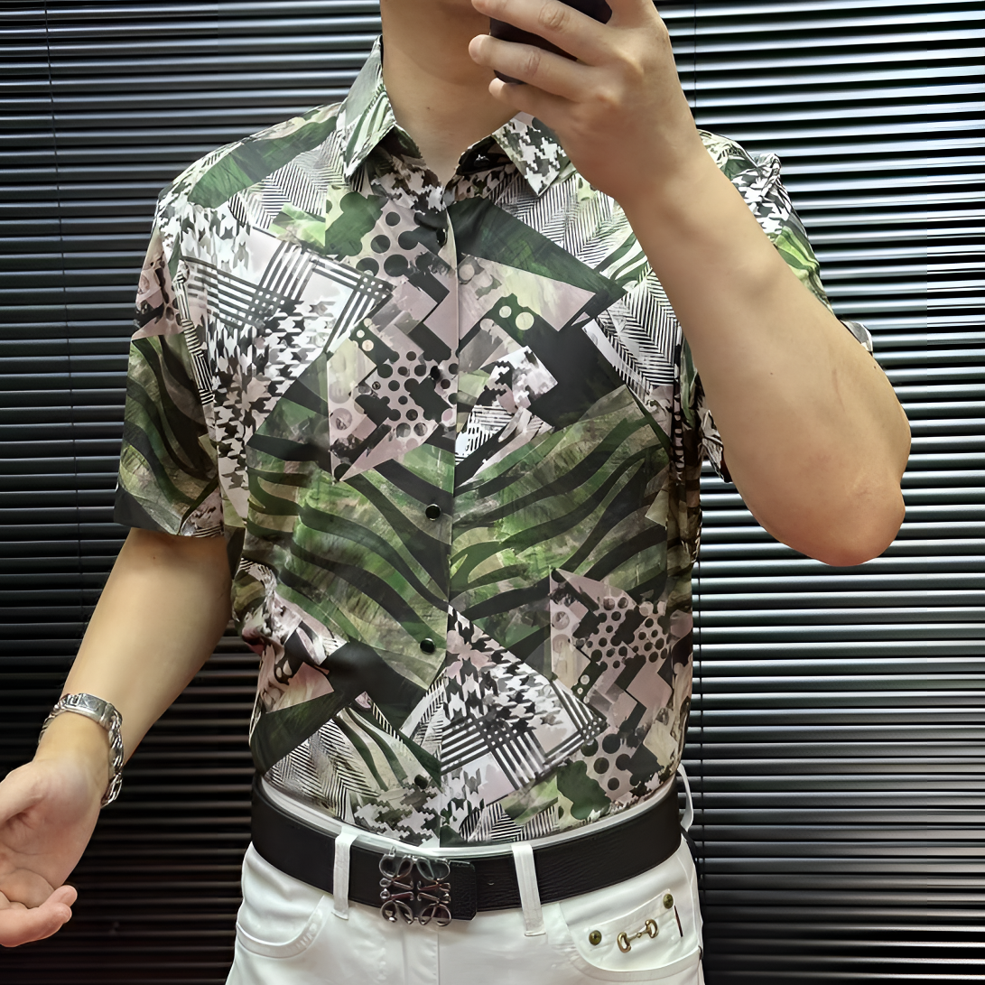 FLD甄选冰丝无缝免烫高弹力高品质男士百搭字母短袖衬衫2504160