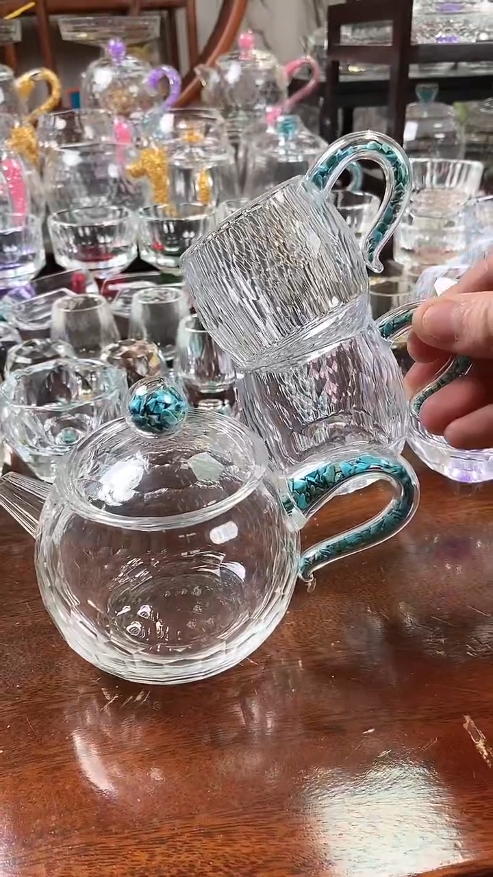 【闪购商品】水晶西施壶绿松石+弯把小茶碗绿松石2个