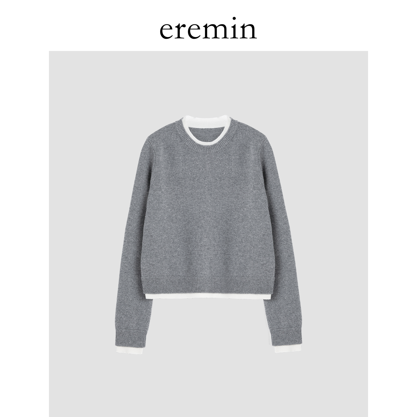 DE Mincollection假两件毛衣/层次感撞色休闲圆领全羊毛毛衣59059