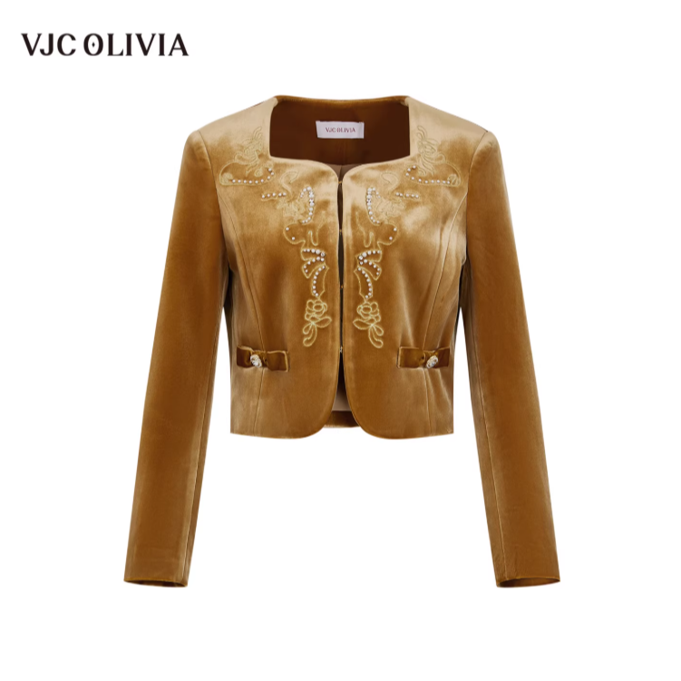VJC OLIVIA【Nanaco专属】25秋冬复古华丽棕色气质钉珠女士外套