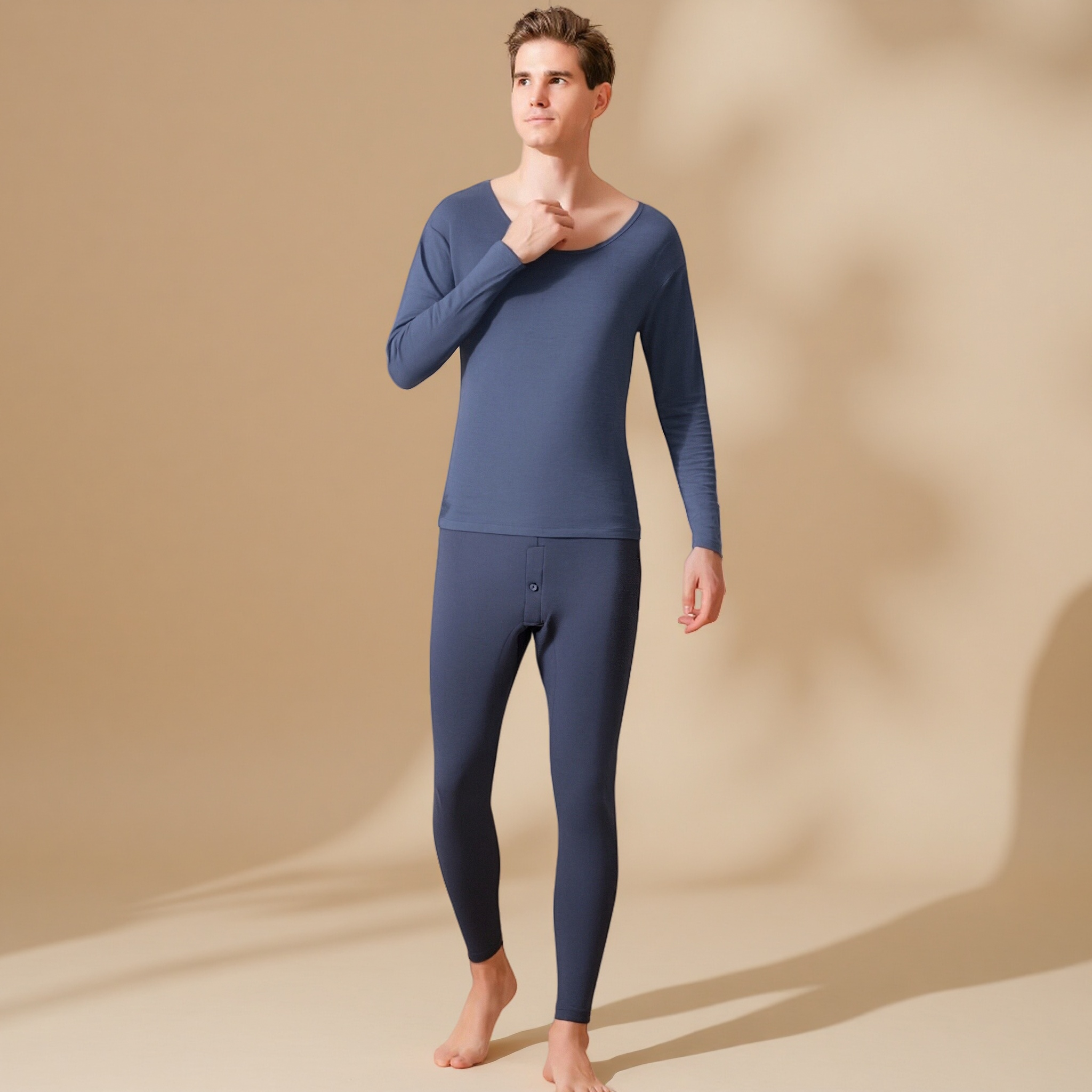 男士秋衣秋裤套装02457圆领长袖长裤套装保暖亲肤舒适极简风纯色