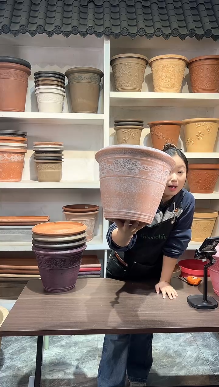 30*24.5/UK29浅粉刷白浮雕花盆外贸尾单