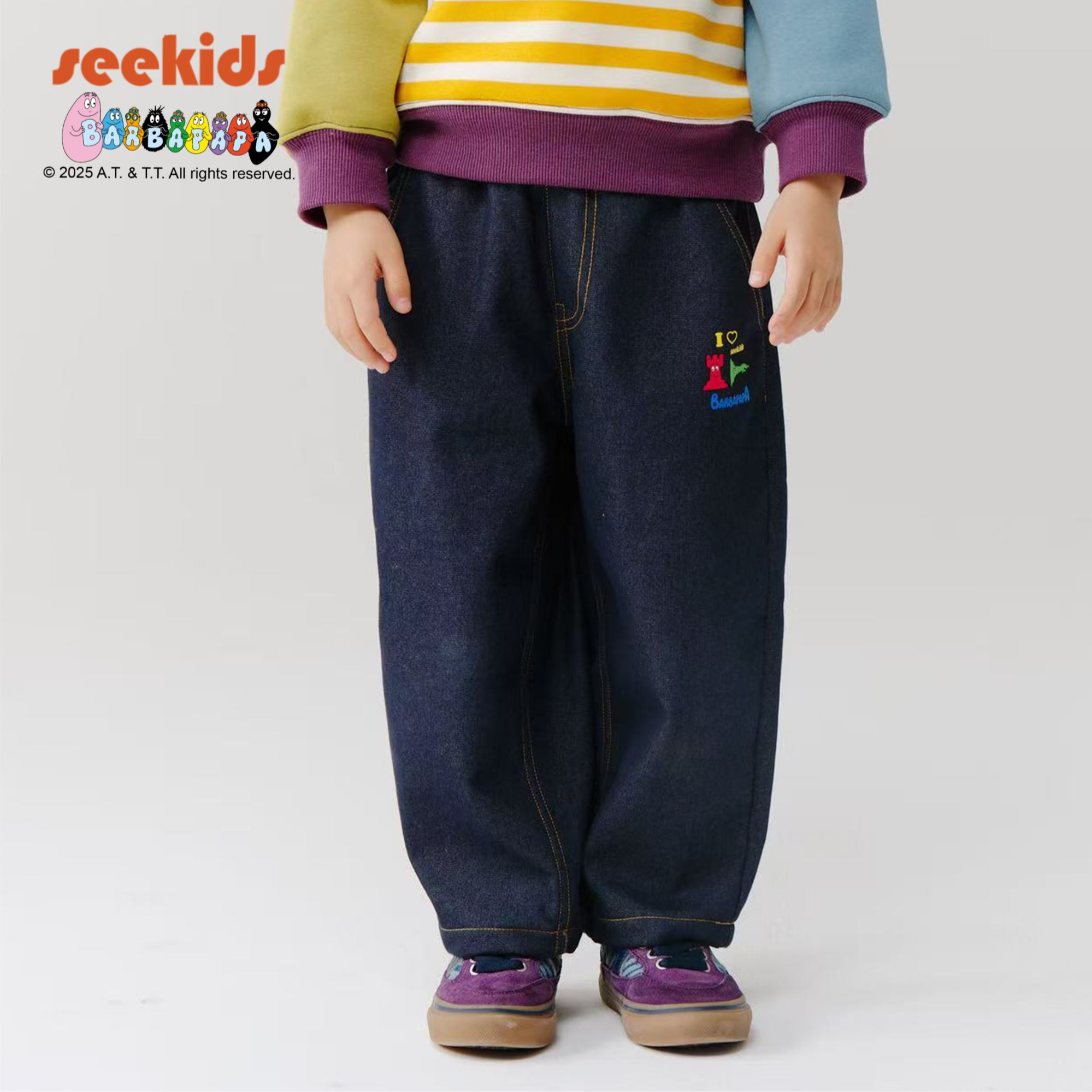 SeeKids【巴巴爸爸ip联名】两色全棉儿童印花加绒牛仔裤