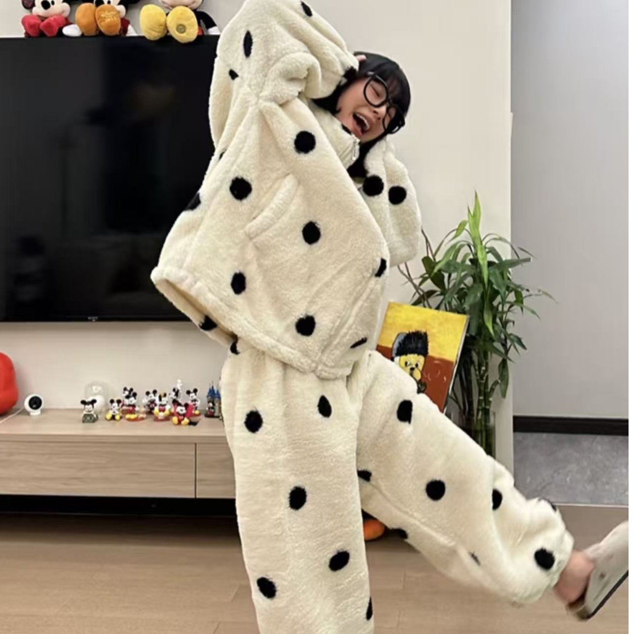 1厚款波点冬季长袖睡衣家居服套装冬款家居服秋冬季