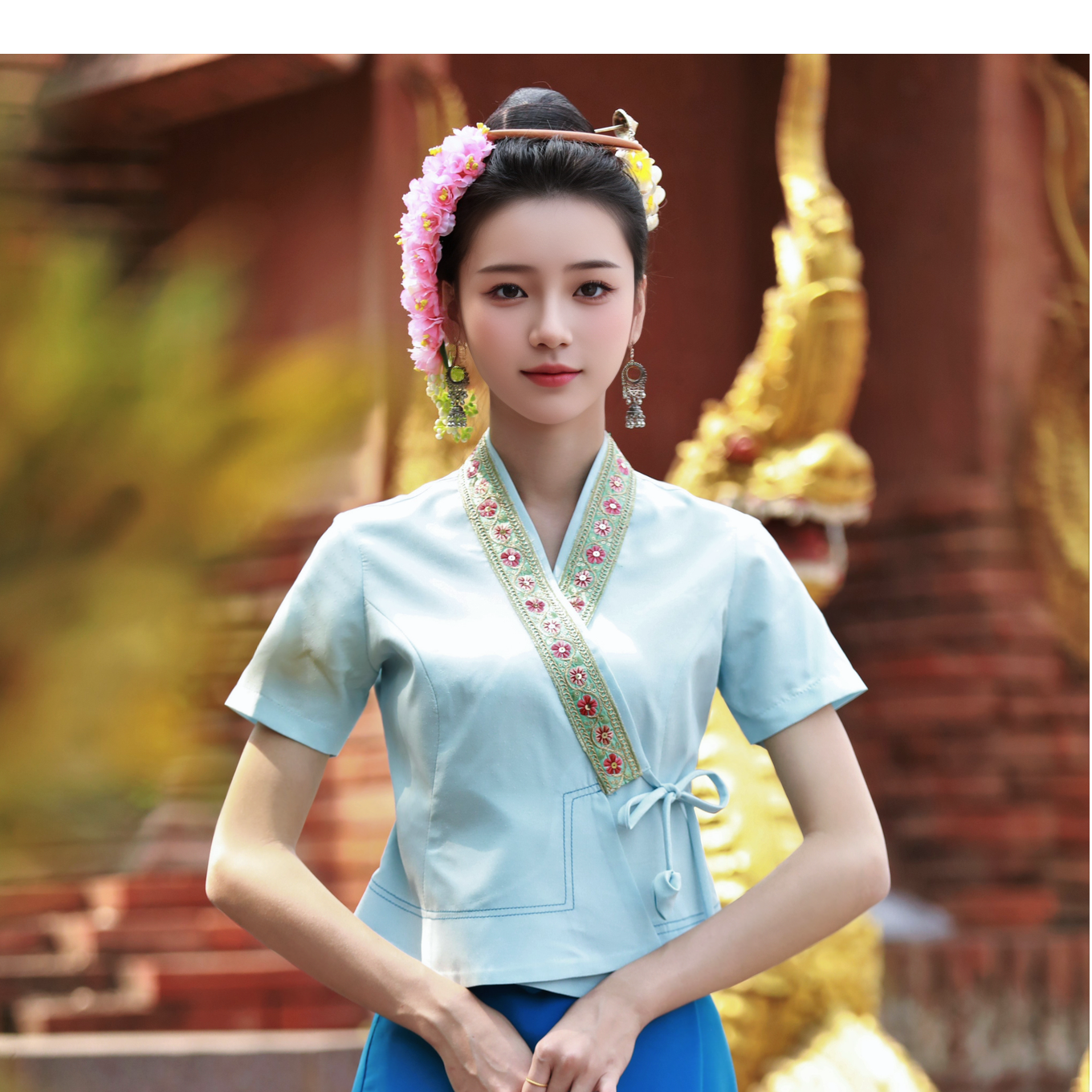 西双版纳傣装夏季薄款蓝短袖气质新中式国风少数民族服装傣族服饰