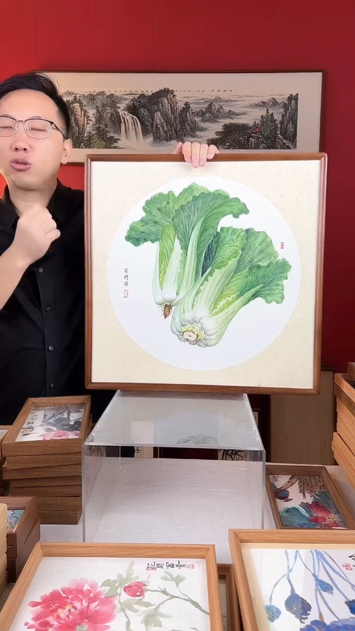 【闪购商品】国画百财图纯手绘国画53*53实木画框