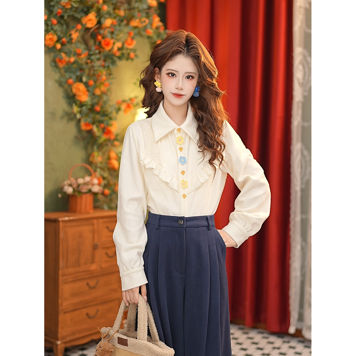 DaYuanSAD【雨诗】张嘉圆立体花朵衬衣上衣女叠穿长袖衬衫#S15031