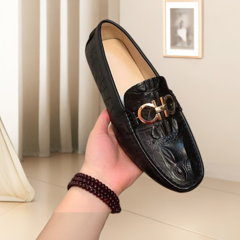 高端鳄鱼纹豆豆鞋潮流新款一脚蹬真皮乐福鞋软底皮鞋休闲黑色百搭