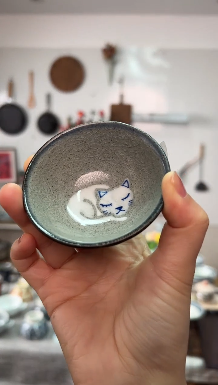 瓷孤品清仓特价 呉須巻平盃 化粧猫