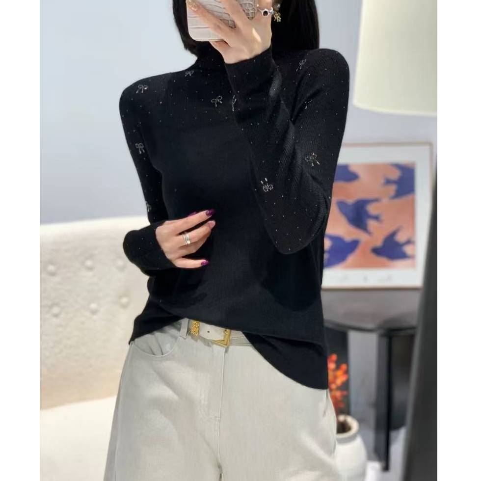 【重工烫钻】新款蝴蝶结设计款半高领纯色休闲时尚长袖打底T恤9266