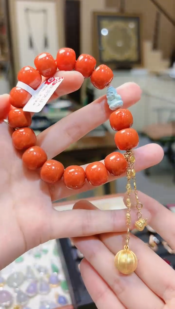 【闪购商品】南红玛瑙手串18K金镶嵌金球长提溜老型南红手串2号