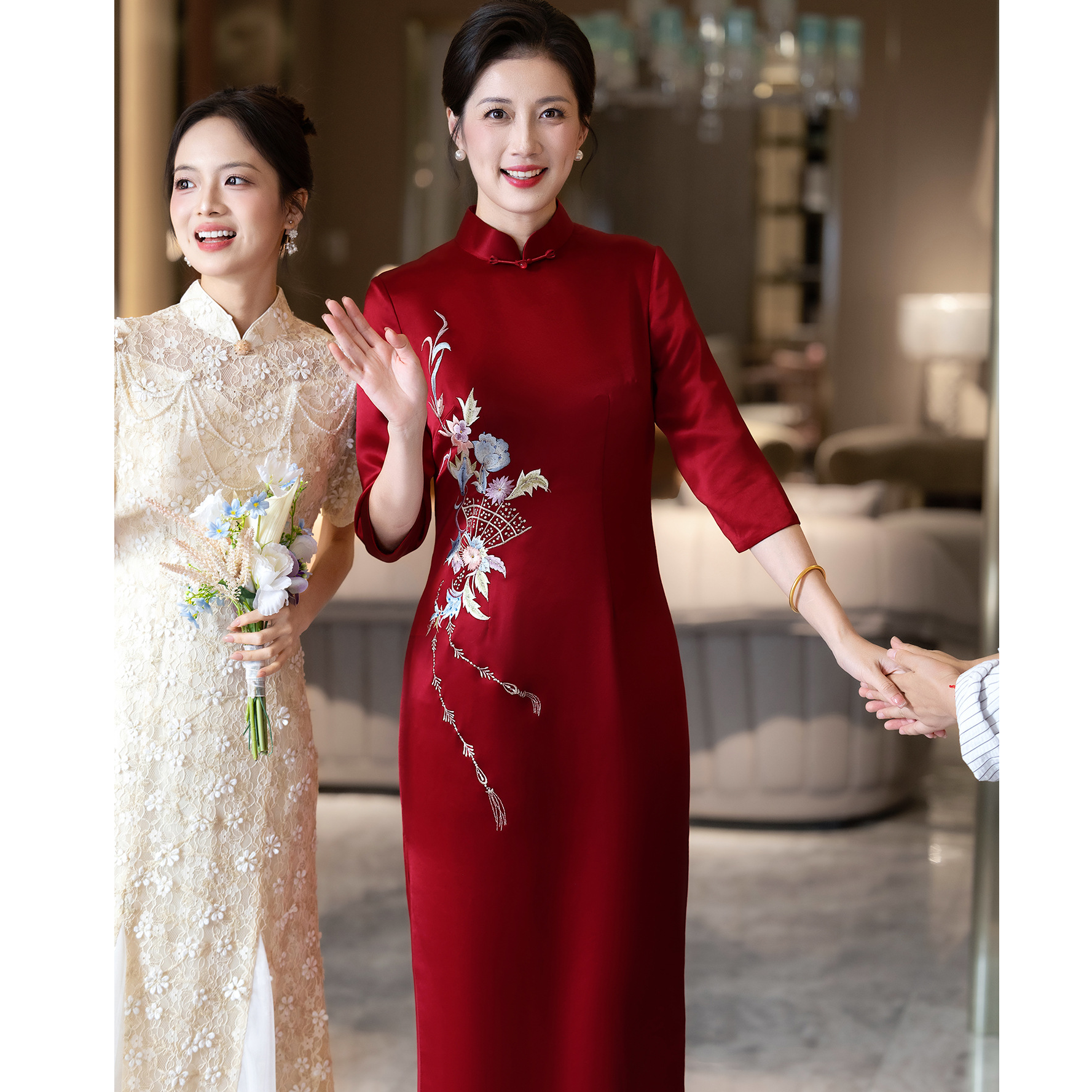 苏绣高档三醋酸【多色】喜婆婆秋冬旗袍妈妈敬酒服高级感婚宴礼服L