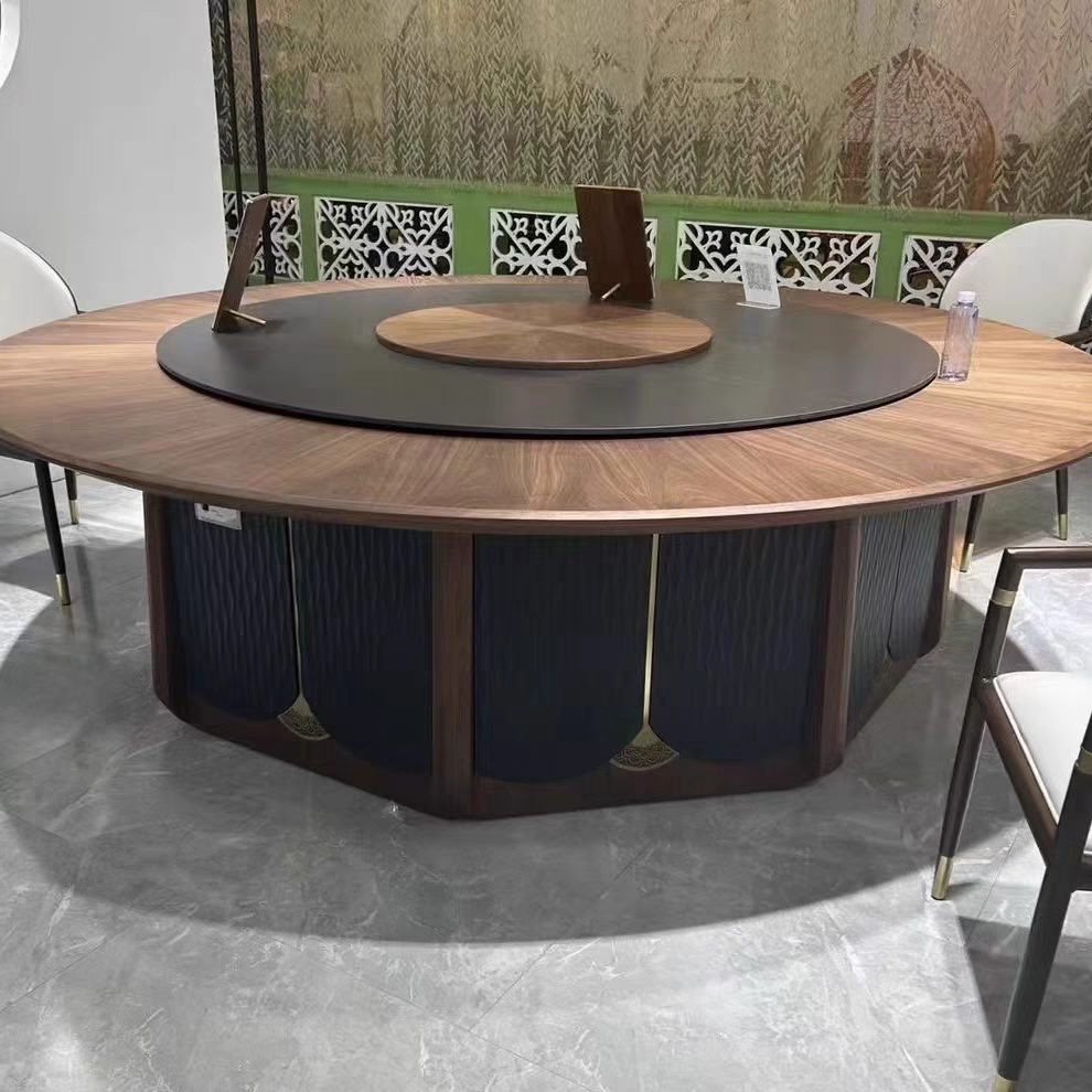 新中式实木岩板酒店餐桌电动大圆桌饭店包厢会所15人20人餐厅桌椅