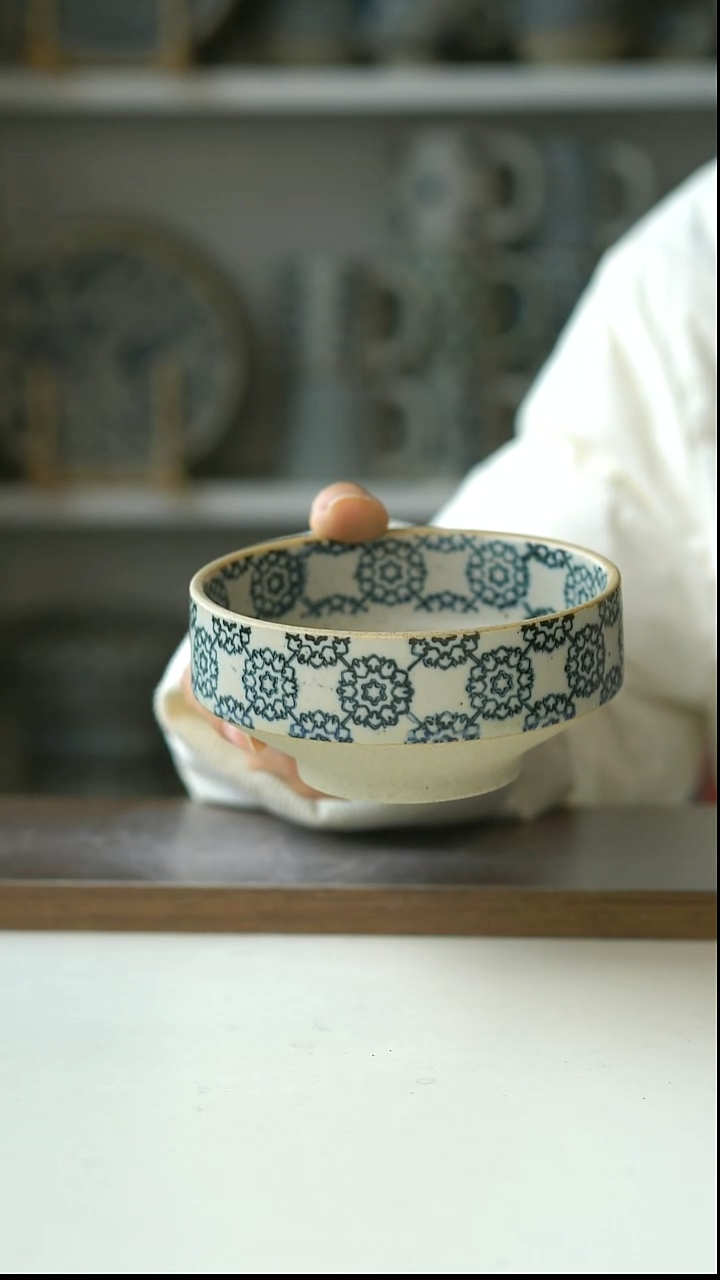 陶粗陶手绘绣球高足甜品碗11.5cm@7-7@