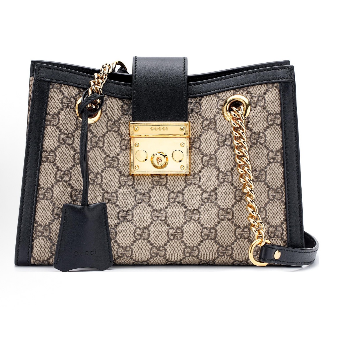 99新 GUCCI/古驰 Padlock  金属锁头锁扣老花托特包（拼黑）