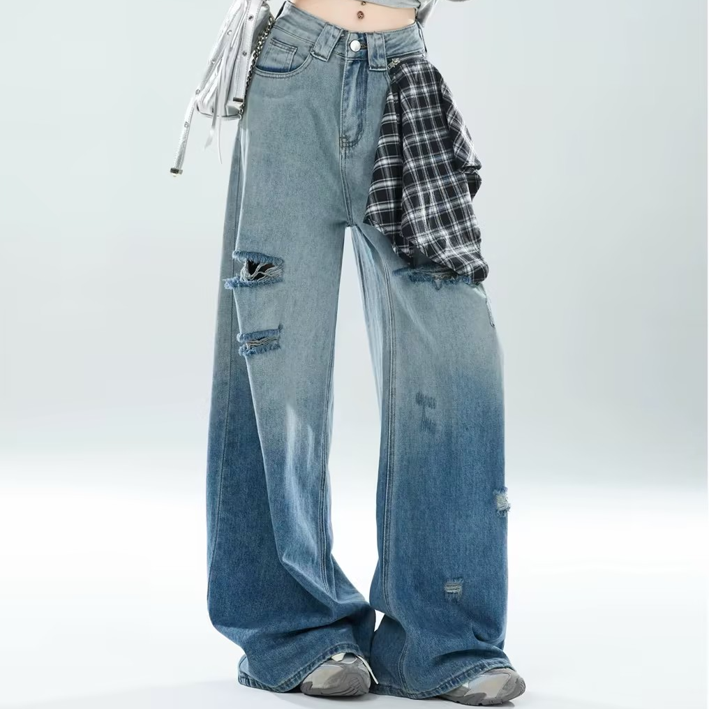 快鱼女士直筒裤阔腿牛仔裤N5158