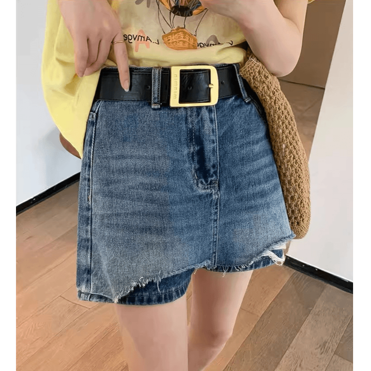 夏款设计感复古磨破牛仔裙裤小个子高腰显瘦遮胯A字半身短裙女   