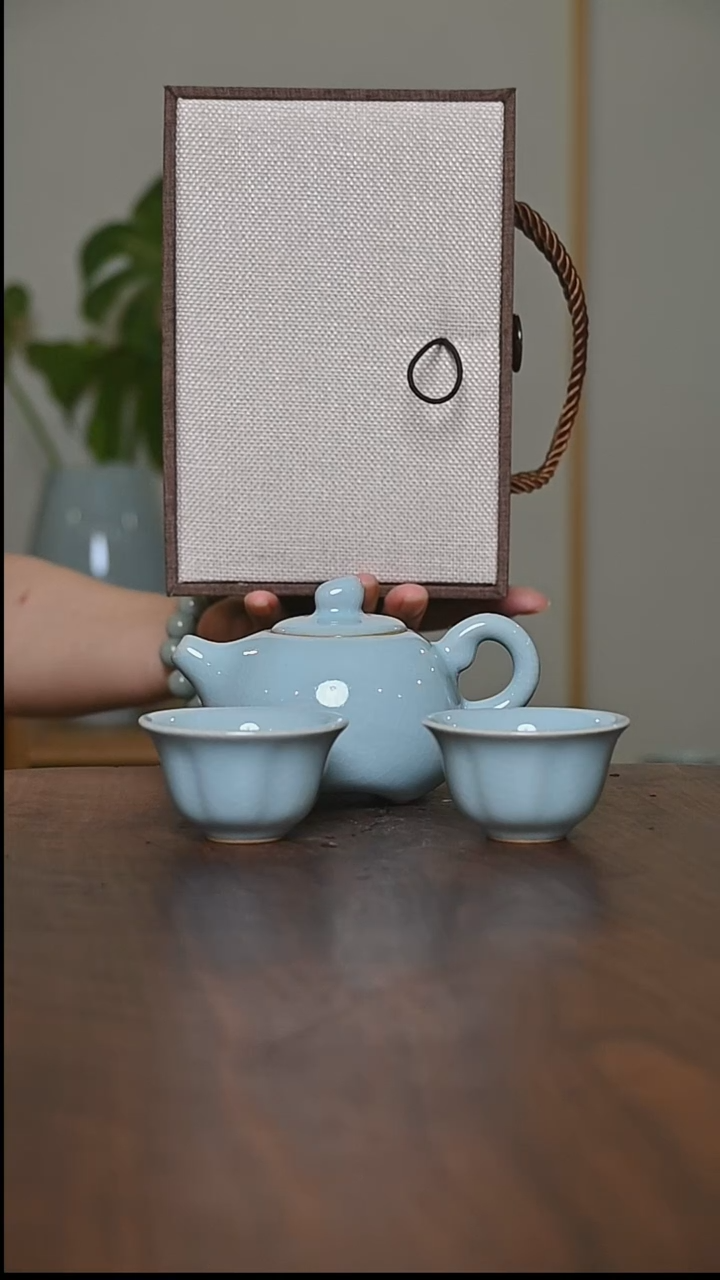 天青釉 四季纳福 一壶两杯 礼盒装