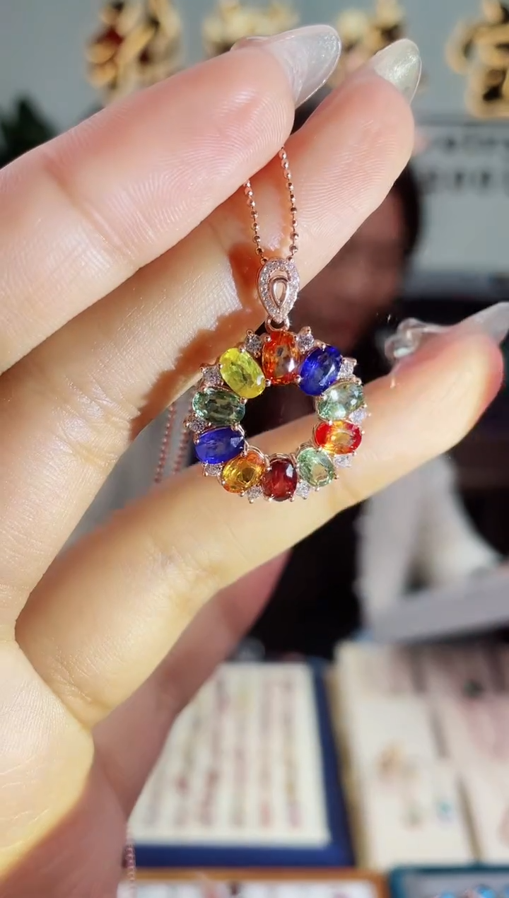 【闪购商品】彩色蓝宝石颈饰银S925镶嵌吊坠