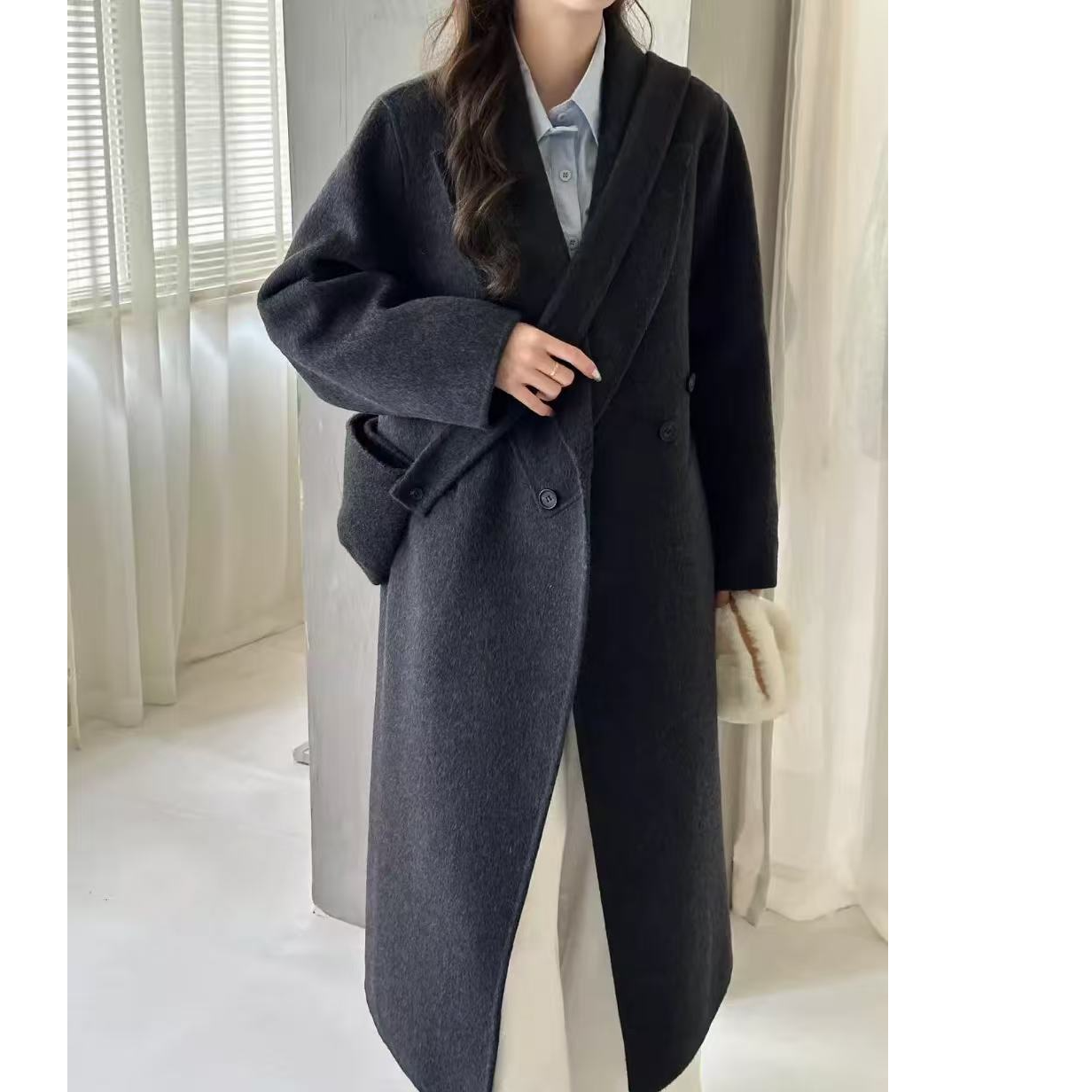 676慵懒风送包包也可帽子时尚潮流双面羊毛大衣2025新款