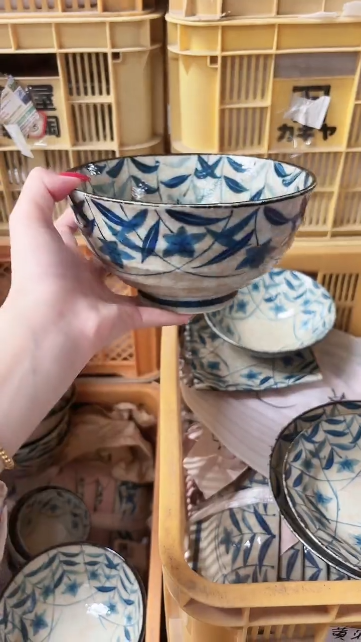 陶瓷黄泥桔梗17cm面碗两个