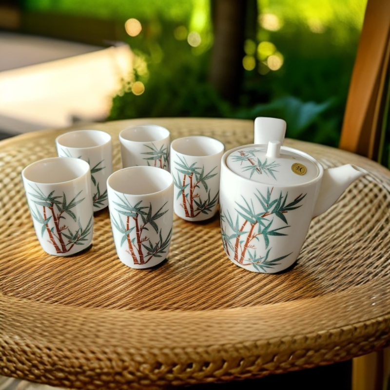 日本进口陶瓷釉下彩球孔侧把壶茶杯一壶五杯竹子节节高升闻香杯