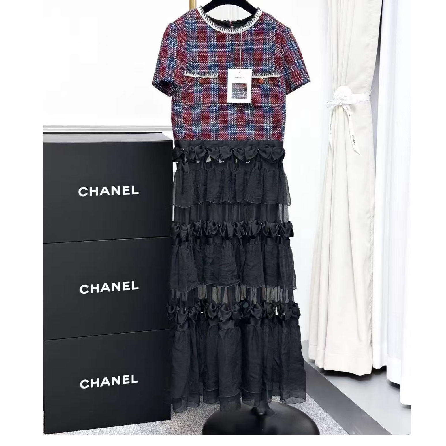 99新 Chanel/香奈儿 40码23C红蓝格纹拼接蝴蝶结桑蚕丝重工连衣裙