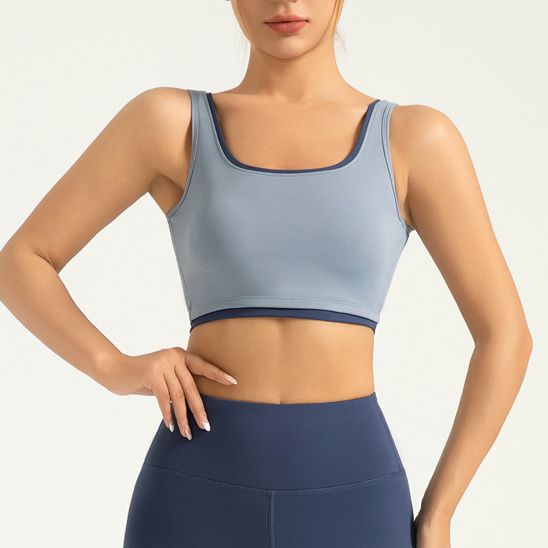高弹拼色镶边运动背心免穿文胸收副乳防震适合夏季瑜伽训练