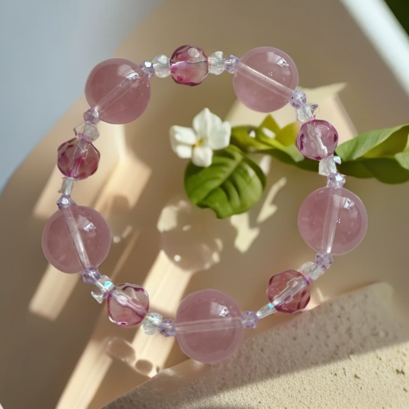 非金属玻璃手链 A02-5 琉璃手串粉红色大卡珠珠（小号手围约15cm）