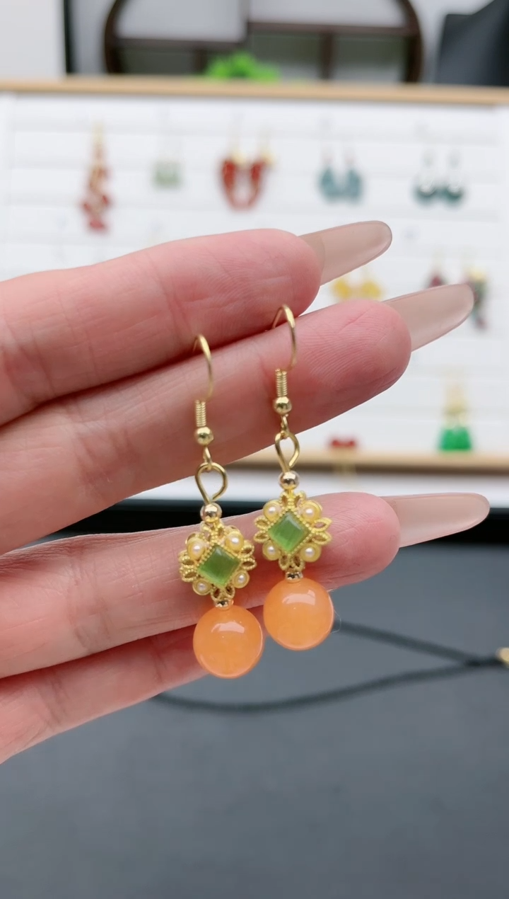 【闪购商品】玛瑙/玉髓耳饰银S925镀金镶嵌1109