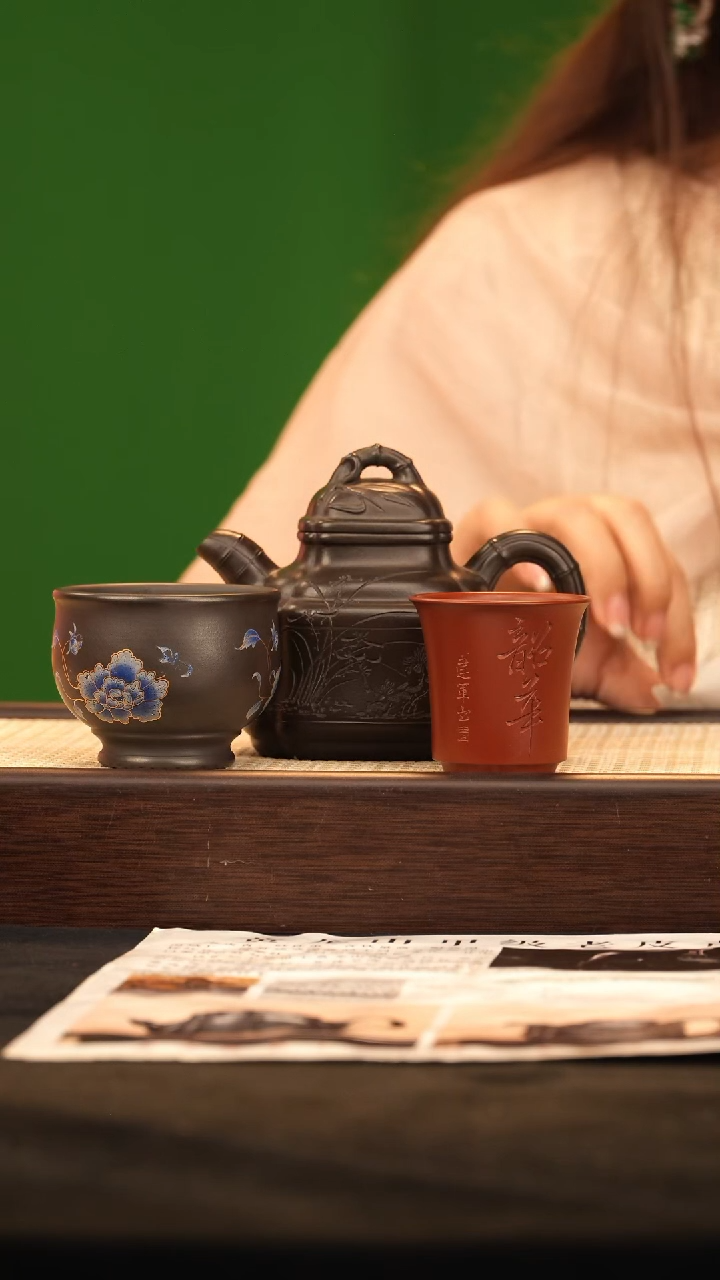 茶壶紫砂HH兰花四方竹鼎 老皮青280cc-2杯