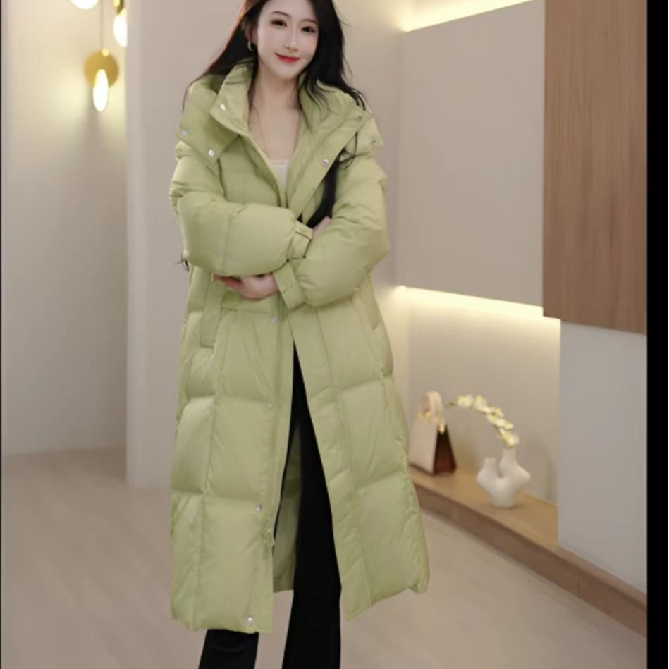 Y176 堆堆袖咖色韩版连帽女休闲带帽长款长袖羽绒服外套