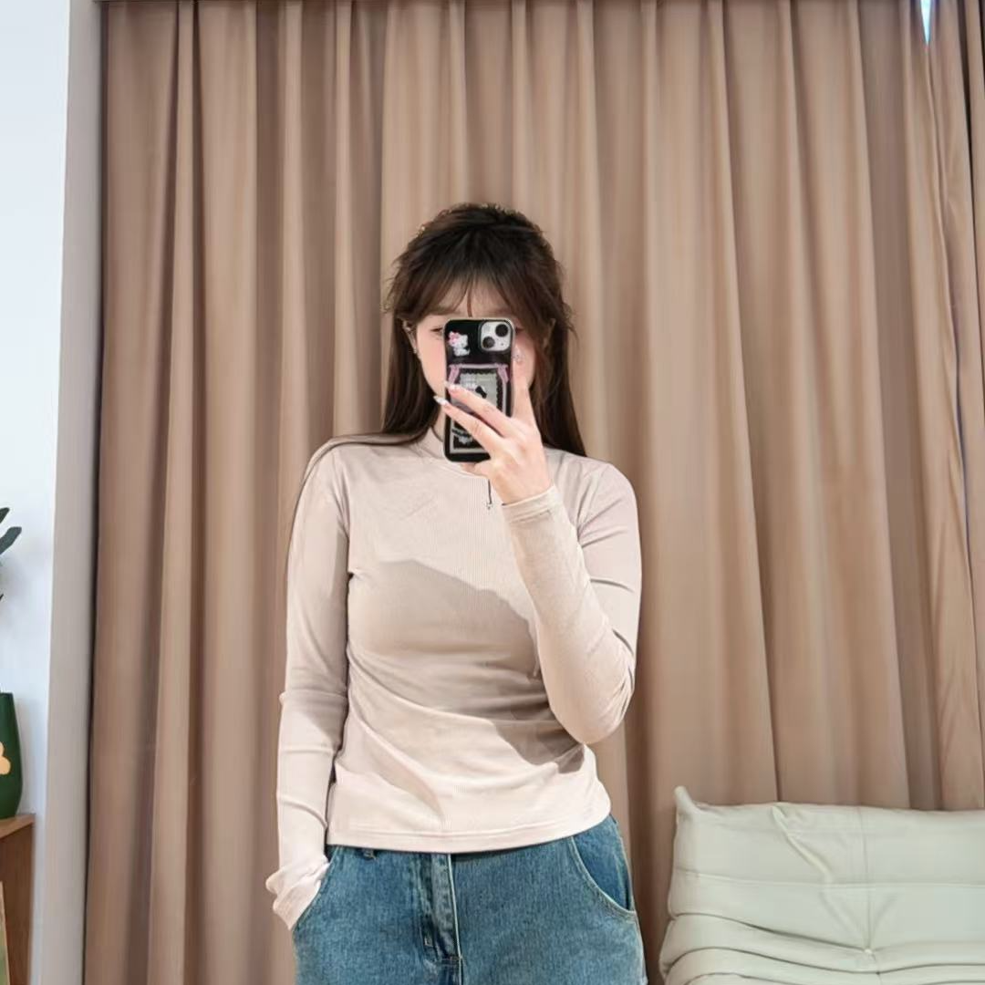 85816余小鱼【松露打底】三色立领竖坑条韩系百搭休闲打底长袖女装
