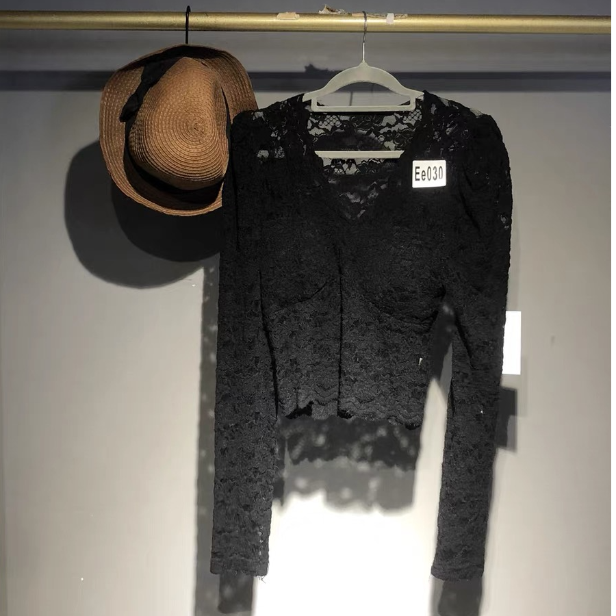 垫肩打底衫v领黑色内搭纯欲性感低胸短款网纱带胸垫蕾丝百搭上衣