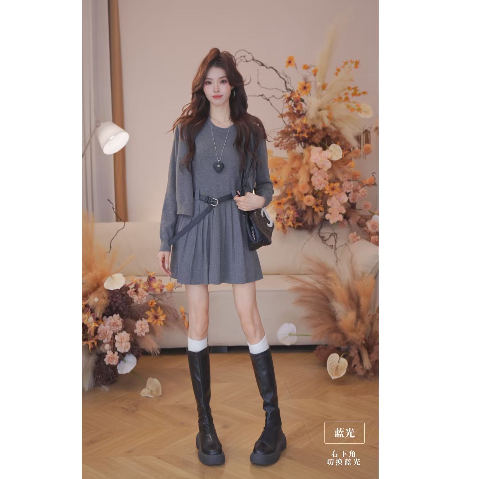 曾小咸 韩系休闲背心百褶裙+针织开衫配腰带三件套ZA548SR1277