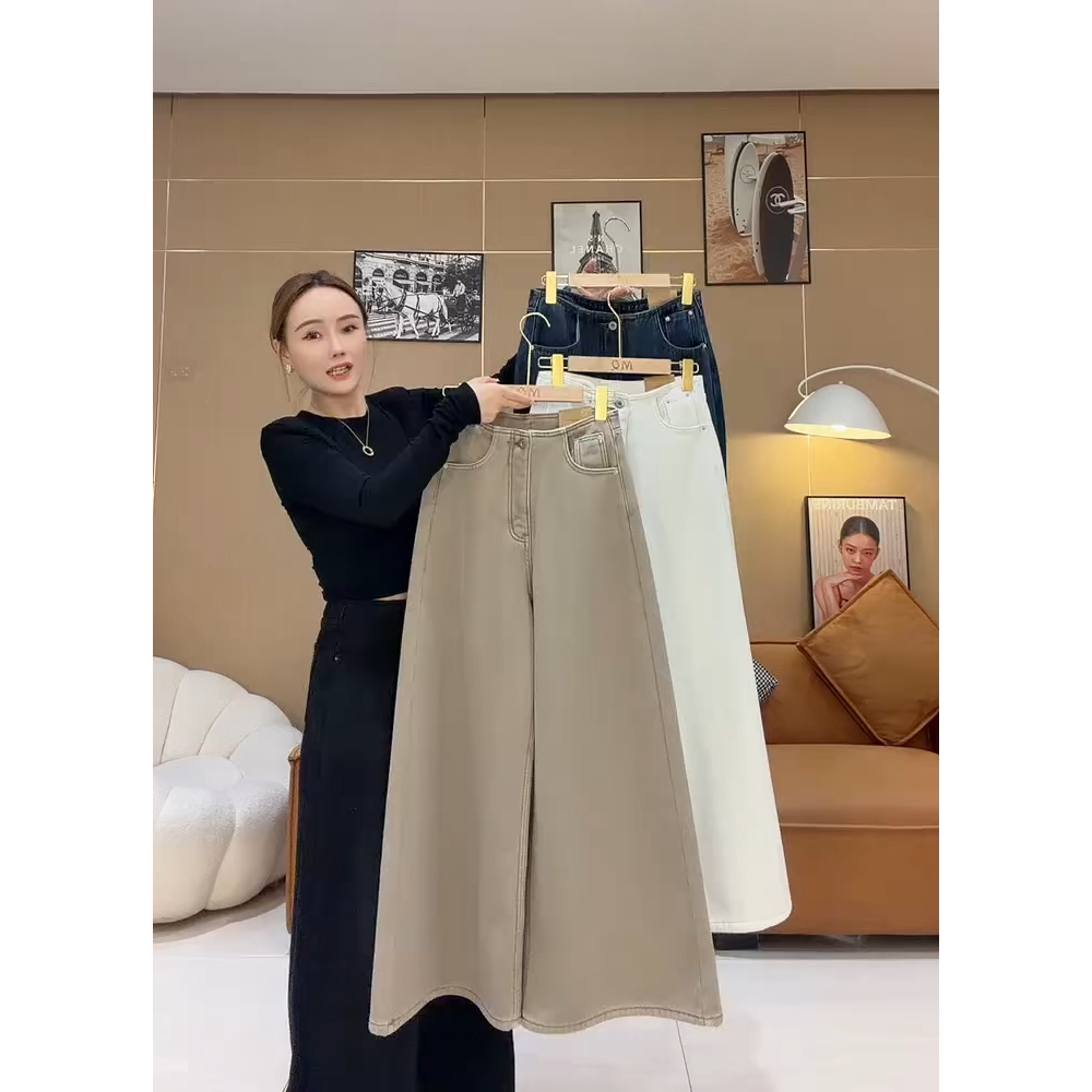 加绒百搭阔腿牛仔裤女小个子2025秋冬新款大码高腰宽松显瘦直筒裤