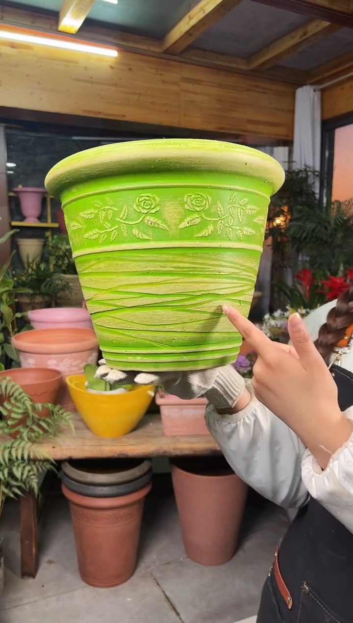 30*24.5/MC30/绿色刻纹/浮雕花盆外贸尾单