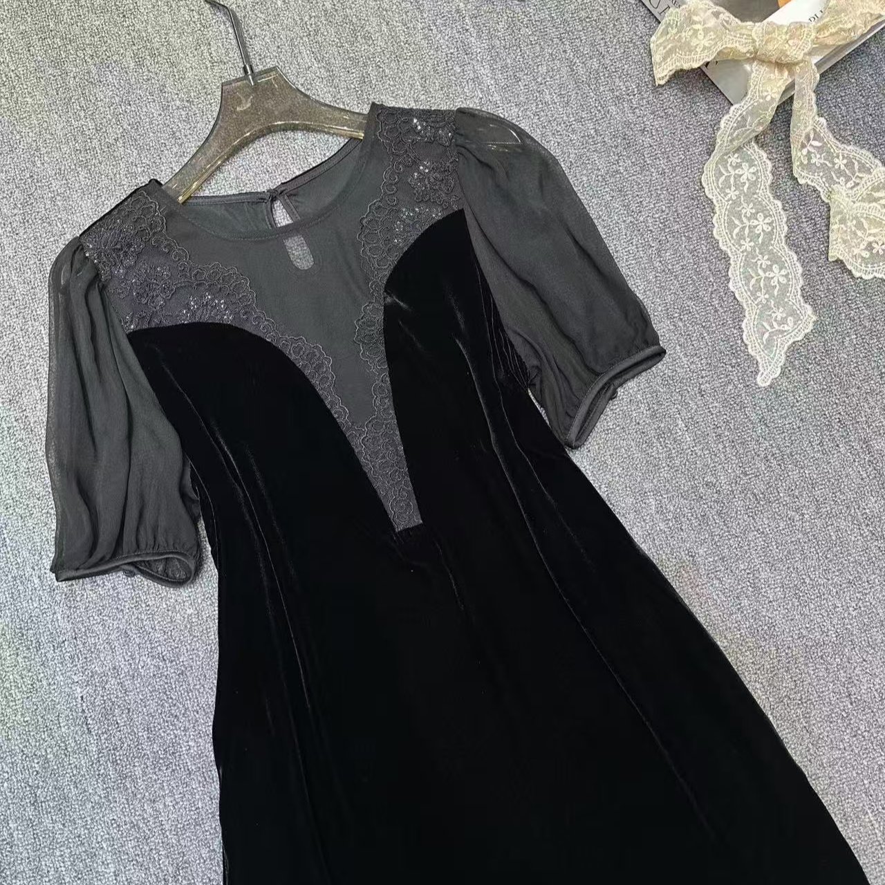 【清然精选】100%桑蚕丝气质法式蕾丝连衣裙