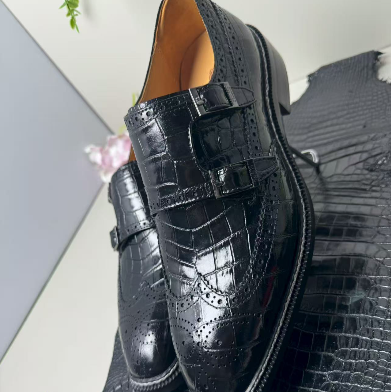 大家鳄鱼皮春秋休闲皮鞋黑色圆头乐福鞋牛津鞋固特异商务双排扣