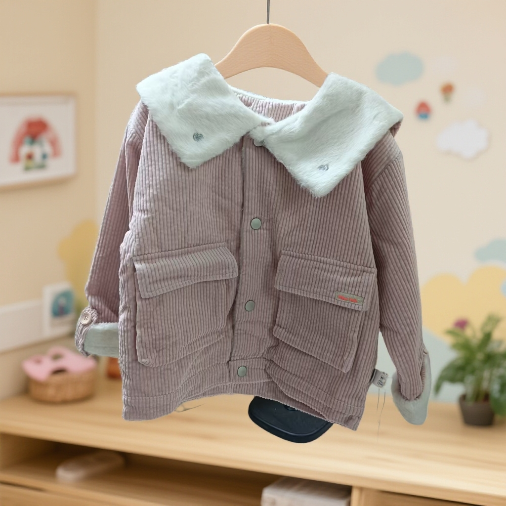 米乐熊毛毛领外套女宝宝粉色毛毛外套