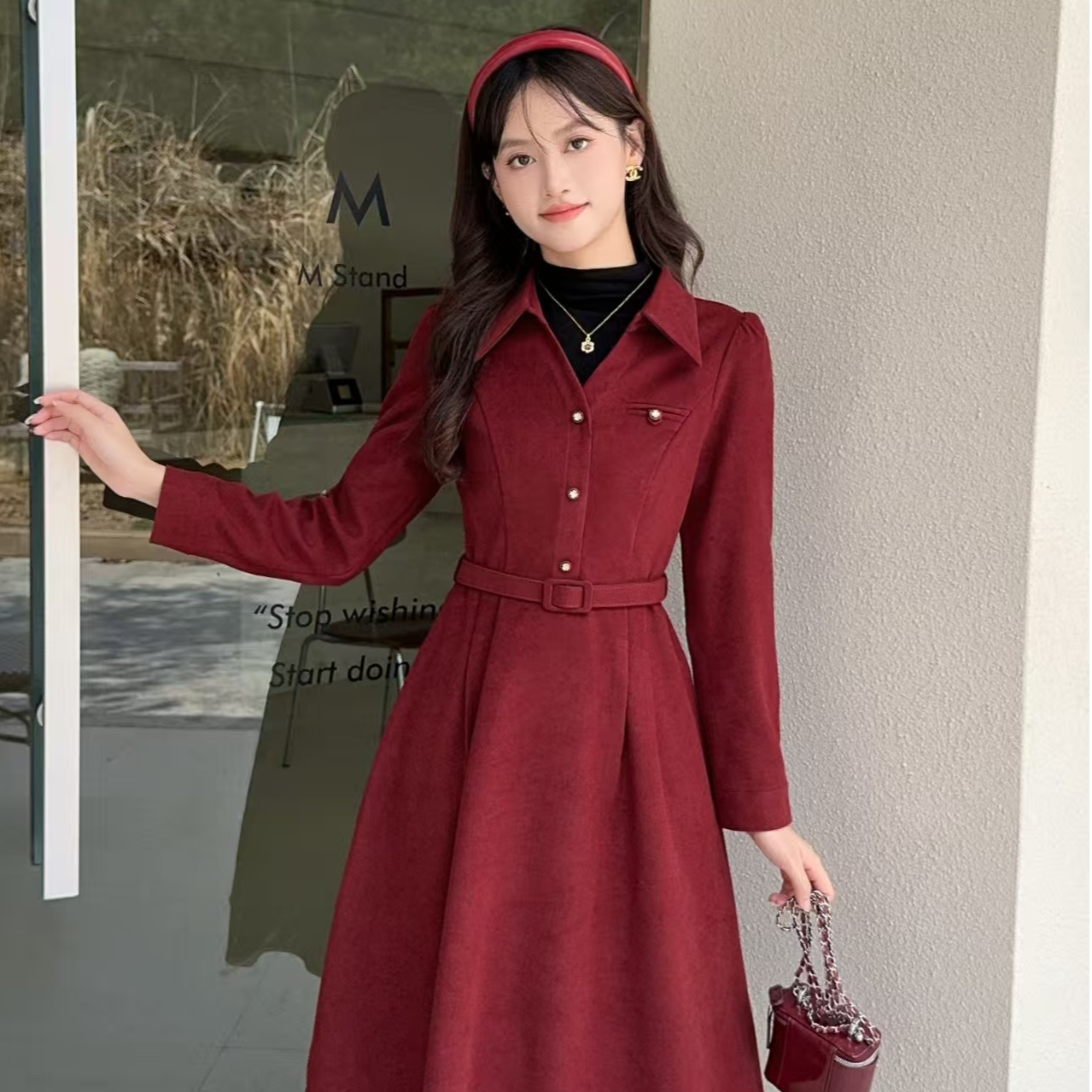 【芊朵 】高级感气质通勤减龄假两件时尚收腰系带显瘦长袖连衣裙女